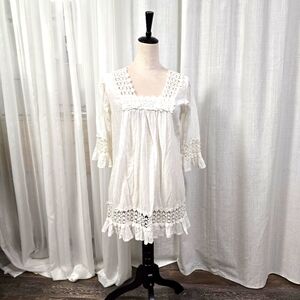 2/$30 White Cotton Tunic Lace Trim Womens‎ Size S Cottage Boho Lagenlook Prairie